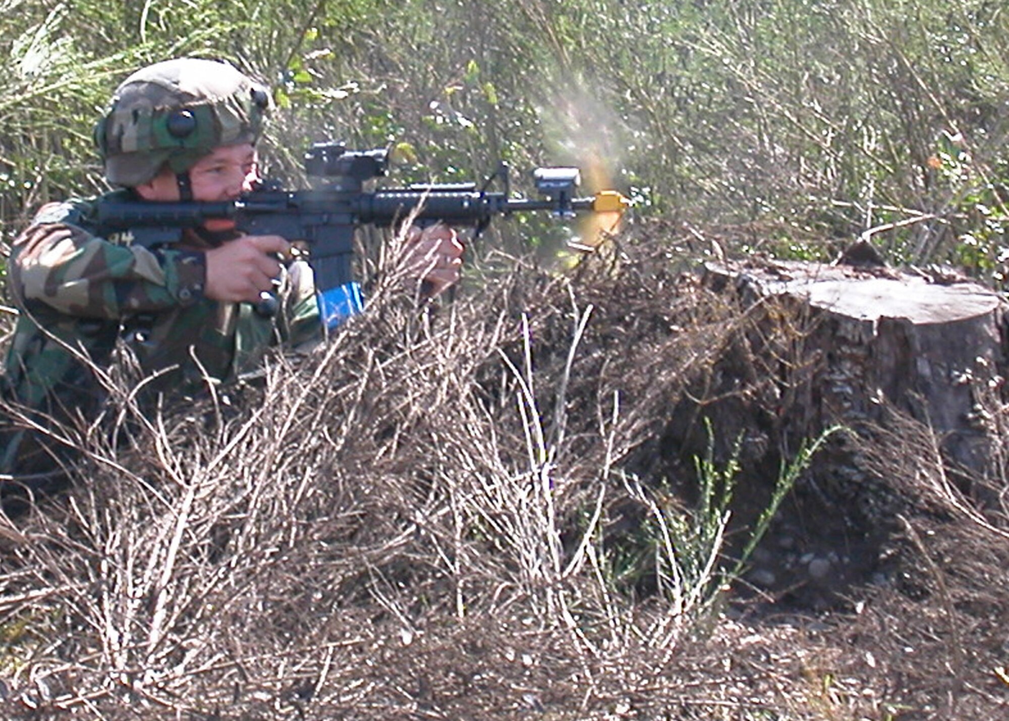 MCCHORD AIR FORCE BASE, Wash., -- Staff Sgt. Nathan Salvagni, 434th Security Forces Squadron Rodeo team member, returns fire during the combat tactics competion of Air Mobility Command Rodeo 2007. (U.S. Air Force photo/Tech. Sgt. Doug Hays)