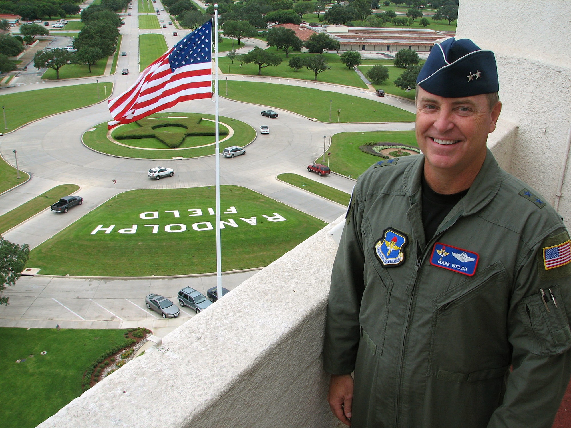 Maj. Gen. Mark A. Welsh III, Air Education and Training Command vice commander, pauses while touring the observation deck of the historic "Taj Mahal" building housing the 12th Flying Training Wing headquarters at Randolph Air Force Base, Texas, July 26.  General Welsh replaces Lt. Gen. Dennis Larsen, who retired today (July 27, 2007).  (U.S. Air Force photo by Tech. Sgt. Mike Hammond)