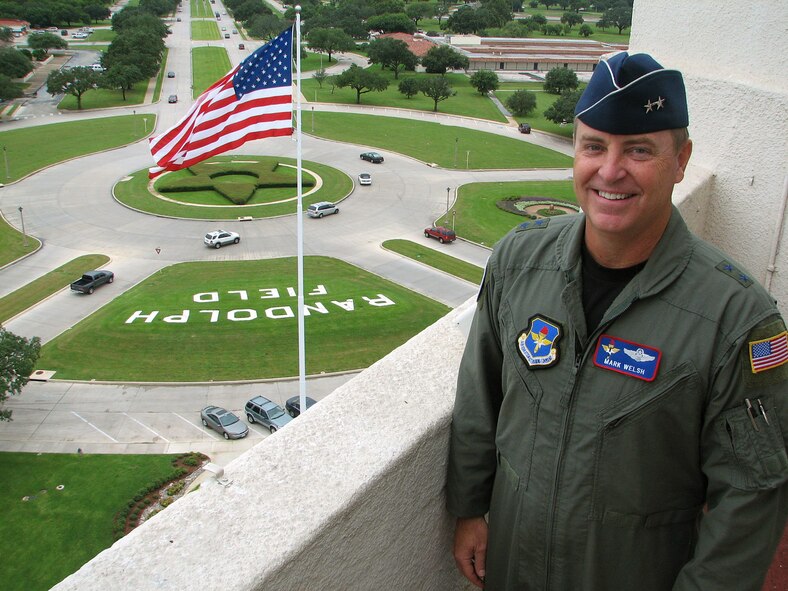 Maj. Gen. Mark A. Welsh III, Air Education and Training Command vice commander, pauses while touring the observation deck of the historic "Taj Mahal" building housing the 12th Flying Training Wing headquarters at Randolph Air Force Base, Texas, July 26. General Welsh replaces Lt. Gen. Dennis Larsen, who retired today.  (U.S. Air Force photo by Tech. Sgt. Mike Hammond)