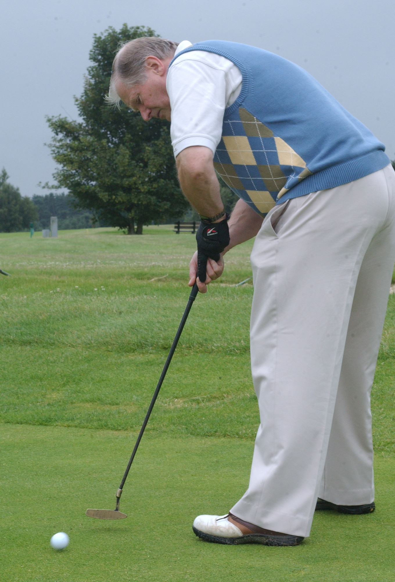 Geoff Hodge tries to hole a long putt during the RAF Mildenhall Airman Commited to Excelence tournament July 13 at Breckland Pines Golf Course at RAF Lakenheath.(U.S Air Force photo by Airman Brad Smith)
