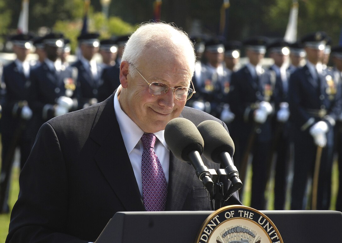Vice President Dick Cheney addresses the audience during the retirement ceremony for Vice Chairman of the Joint Chiefs of Staff U.S. Navy Adm. Edmund Giambastiani in Annapolis, Md., July 27, 2007.  Cheney thanked Giambastiani for his many years of selfless devotion to his country.