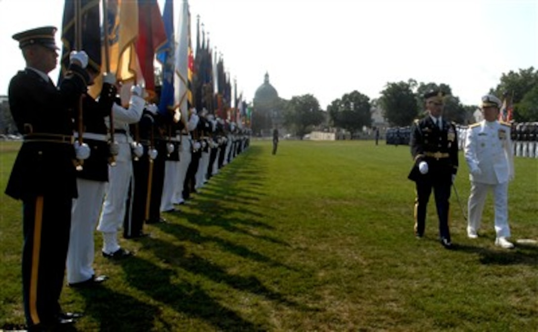 Navy Adm. Edmund P. Giambastiani, Vice Chairman of the Joint Chiefs of Staff, performs a review of the troops at his retirement ceremony at the U.S. Naval Academy at Annapolis, Md., July 27, 2007.  Giambastiani retired with more than 37 years of commissioned service.  