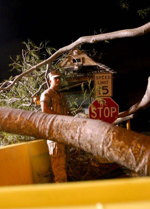 The Camp H.M. Smith main gate was blocked for three hours by a large branch that broke and landed in the road way July 28.