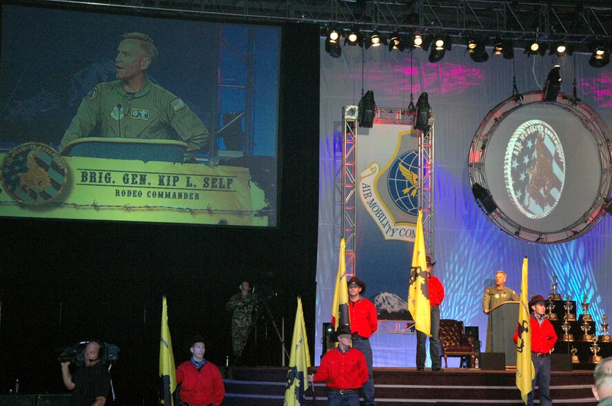 Brig. Gen. Kip Self, U.S. Air Force Expeditionary Center commander, Fort Dix, N.J., and Air Mobility Rodeo 2007 commander, begins the closing celebration for Rodeo July 27, 2007, at McChord Air Force Base, Wash.  Rodeo, sponsored by Air Mobility Command, is a readiness competition for U.S. and international mobility air forces.  (U.S. Air Force Photo/Tech. Sgt. Scott T. Sturkol)