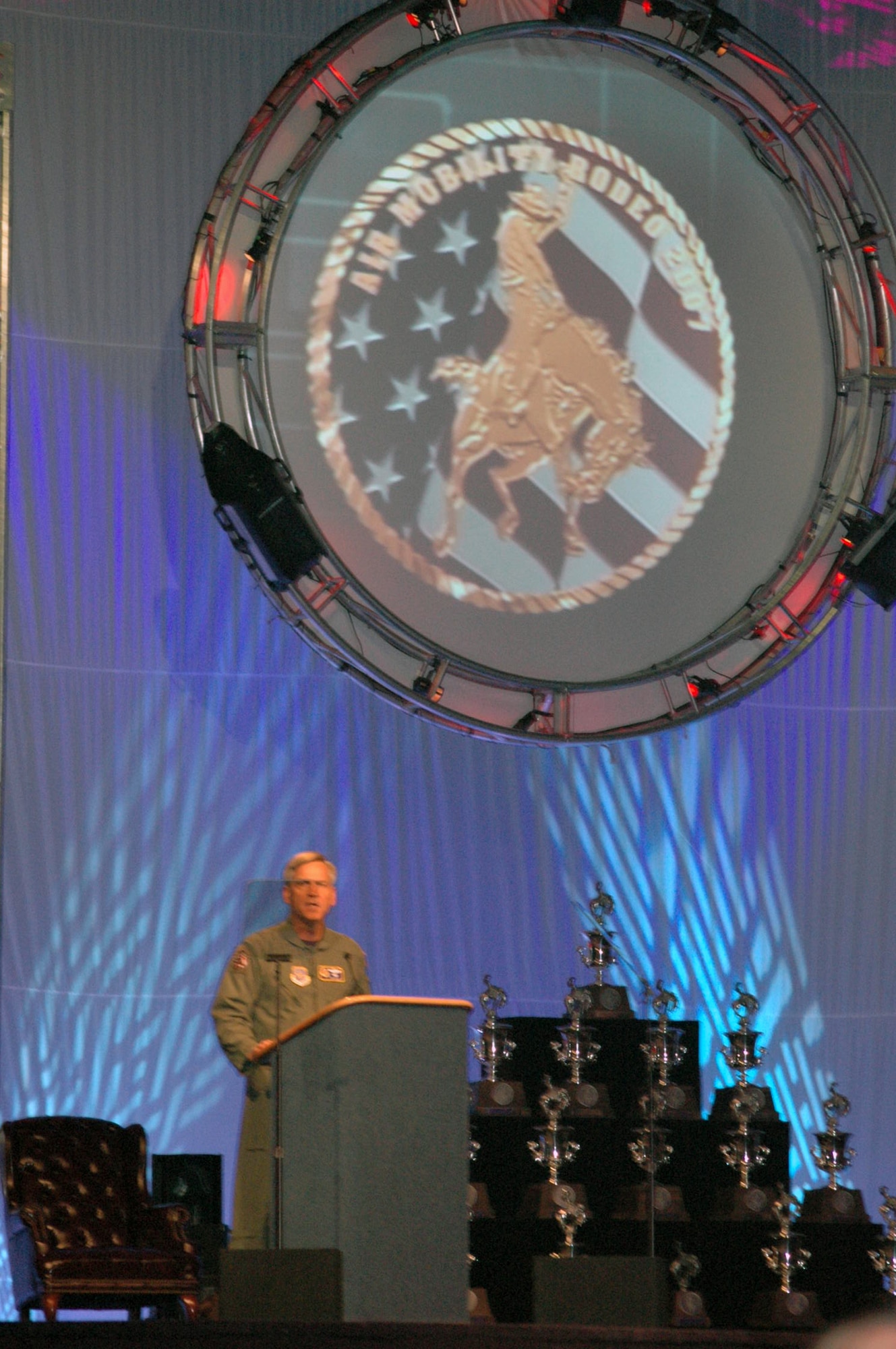 Brig. Gen. Kip Self, U.S. Air Force Expeditionary Center commander, Fort Dix, N.J., and Air Mobility Rodeo 2007 commander, begins the closing celebration for Rodeo July 27, 2007, at McChord Air Force Base, Wash.  Rodeo, sponsored by Air Mobility Command, is a readiness competition for U.S. and international mobility air forces.  (U.S. Air Force Photo/Tech. Sgt. Scott T. Sturkol)