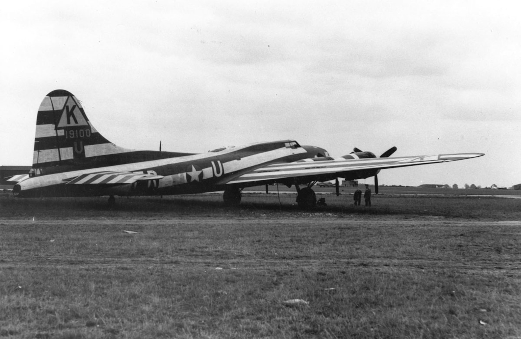 A B-17 Flying Fortresses from the 379th Bombardment Group (Heavy), awaits a bombing mission during World War II. The 379th BG was presented with the “Grand Slam” award by 8th Air  Force, for placing first in every evaluated phase of bombing, including best bombing results, greatest tonnage of bombs dropped and lowest losses of aircraft. (U.S. Air Force photo)