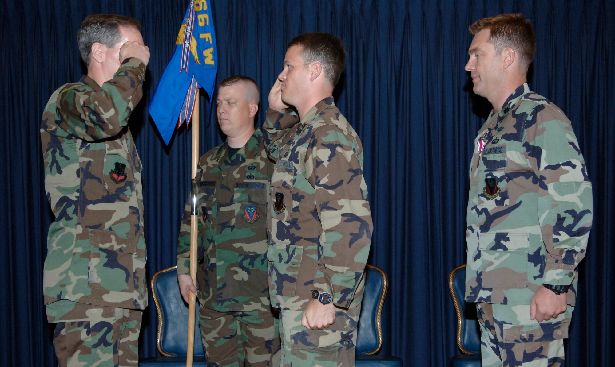 MOUNTAIN HOME AIR FORCE BASE, Idaho -- From left, Col. Thomas Laffey, 366th Mission Support Group commander, salutes Major Colten Pond, the squadron’s new commander, at a change of command ceremony July 27. Major Pond here after serving as the special program procurement manager at Macdill Air Force Base, Fla. Lt. Col. Andrew Sackett, the outgoing commander, will remain at the base until Sept. 4 as the 366th MSG deputy commander. He will then go to Shaw Air Force Base, S.C. to serve as the U.S. Central Command chief of contracting. (U.S. Air Force photo/Airman 1st Class Ryan Crane)
