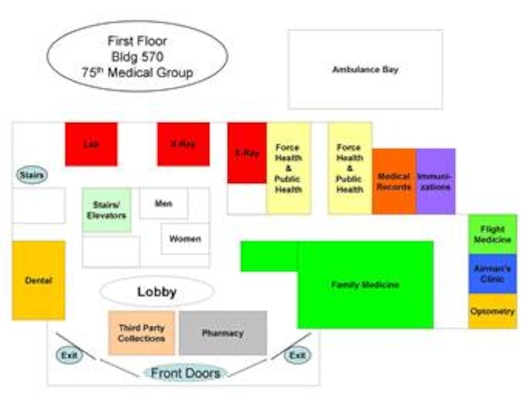 A floor plan with the locations of the new Airmen clinic and family medicine clinic.