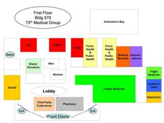 A floor plan with the locations of the new Airmen clinic and family medicine clinic.