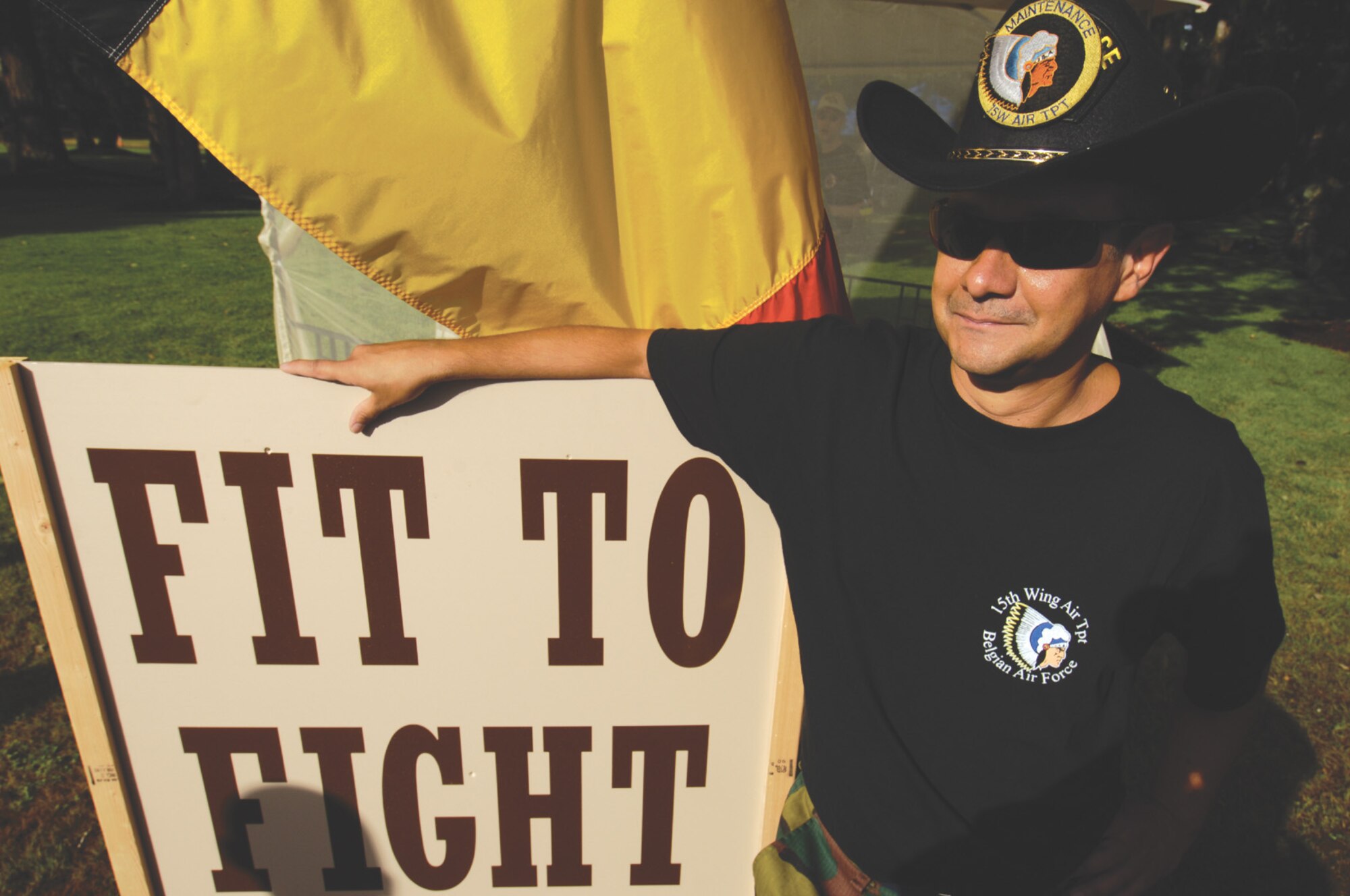 Belgian air force adjutant Bernard Gilson waits at the entrance of the fitness competition.