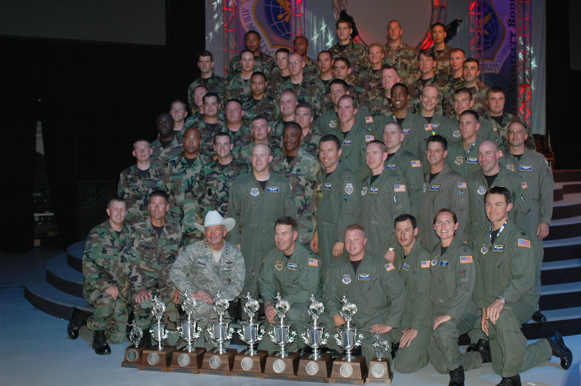 Team Travis celebrates their win during the closing ceremony of the 2007 Air Mobility Command’s Expeditionary Rodeo competition July 27 at McChord Air Force Base, Wash. Travis won the “Best Air Mobility Team” award presented by Gen. Duncan McNabb, commander of Air Mobility Command. (U.S. Air Force photo/Airman 1st Class Kristen Rohrer)

