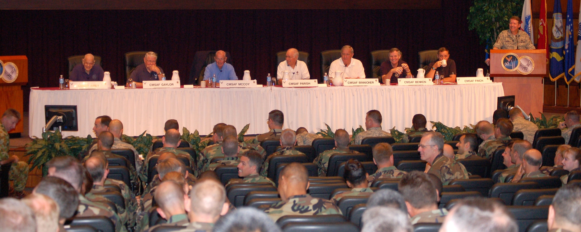 Seven former chief master sergeants of the Air Force and current Chief Master Sgt. of the Air Force Rodney J. McKinley discuss issues affecting senior enlisted leaders July 26 during the Senior Enlisted Leader Summit held at the Air Force Senior NCO Academy at Maxwell Air Force Base's Gunter Annex, Ala. (U.S. Air Force photo/Master Sgt. Lee Roberts) 
