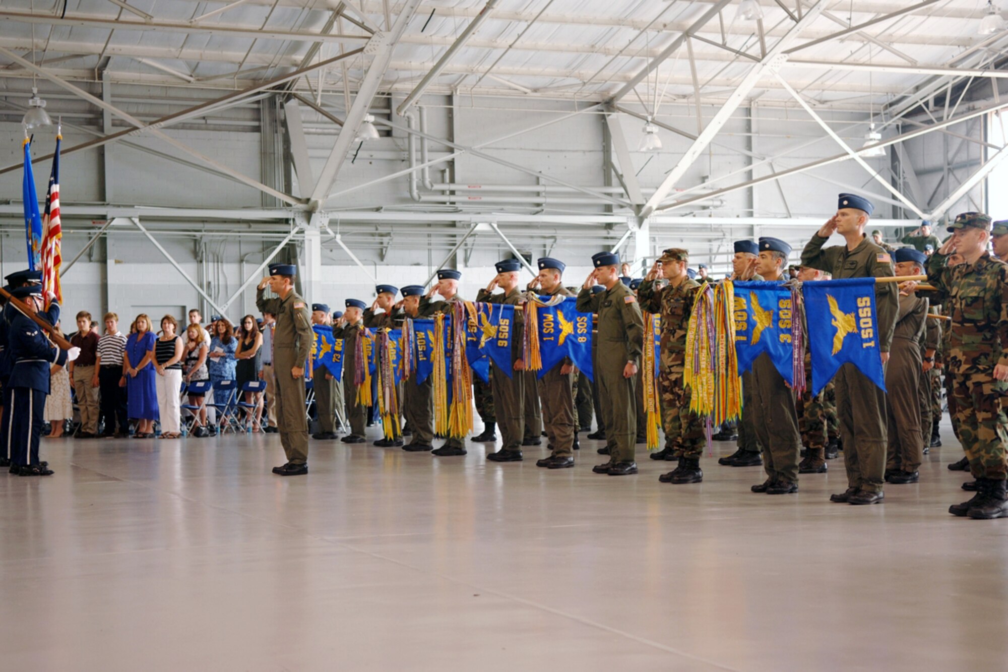 Col. Daniel Zook, 1st Special Operations Group deputy, leads all 12 operations squadrons in the first salute to the new 1st SOG Commander, Col. Dennis Pannell. Colonel Pannell took over the 1st SOG July 19. (USAF Photo by Airman 1st Class Matthew Loken)