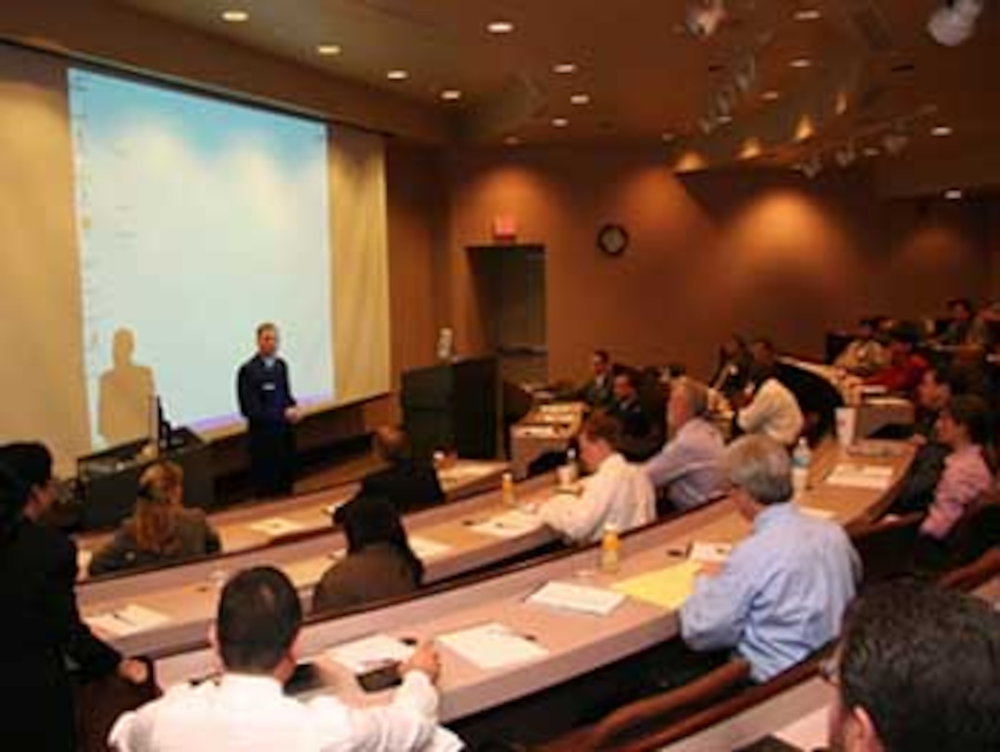 Capt. Clark Allred, Program Manager at the Air Force Office of Scientific Research gives a presentation at a Multidisciplinary University Research Initiative kick-off meeting held at Arizona State University in May. (Photo by: Kenneth Sweat, Arizona State University)