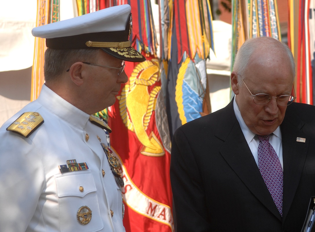 Navy Adm. Edmund P. Giambastiani, vice chairman of the Joint Chiefs of Staff, talks with Vice President Richard Cheney before the admiral's retirement ceremony at the U.S. Naval Academy at Annapolis, Md., July 27, 2007. Giambastiani retired with more than 37 years of commissioned service.