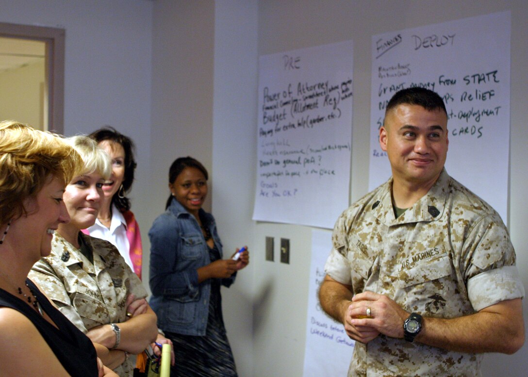 MARINE FORCES RESERVE, New Orleans ? (Aug. 1, 2007) Master Sgt. Bobby Tagle (right), communications chief for 4th Marine Logistics Group, and members of his temperament group identified areas of financial readiness that can benefit servicemembers and their families by planning prior to deployment.  This exercise emphasized how the four temperament types prepare for and react differently to the various phases of deployment.