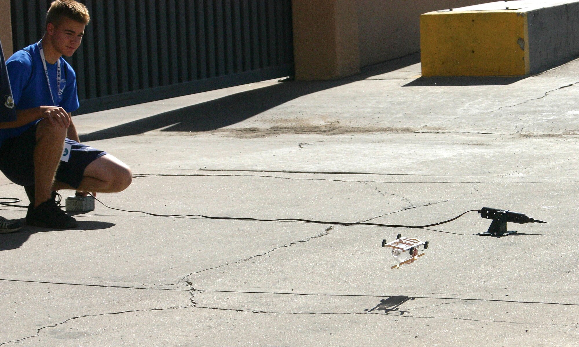 Air Force Junior ROTC Cadet Matthew Lemley test fires his bottle rocket car July 24 during a rocket car construction contest at the University of New Mexico in Albuquerque.  Cadets from Junior ROTC units worldwide visited various science and technology centers as part of the 2007 Air Force Junior ROTC Aerospace and Technology Honor Camps. Approximately 450 cadets attended one of eight camps this year in New Mexico and Oklahoma.  Currently, there are more than 100,000 cadets in the Air Force Junior ROTC program worldwide. (U.S. Air Force photo/Staff Sgt. Jason Lake) 