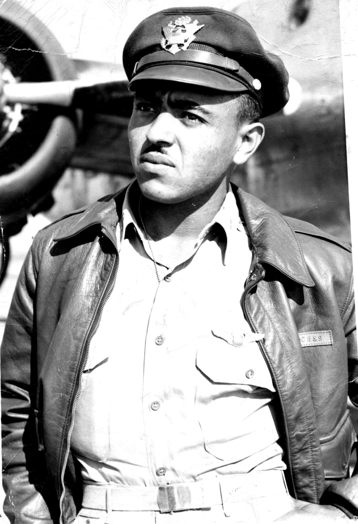 An undated photo shows 1st Lt. Ramon F. Noches, a Tuskegee Airman assigned to the 477th Bomb Group Godman Field at Fort Knox, Ky. Lieutenant Noches was killed in a B-25G aircraft accident June 6, 1945, during night-flying training at Gunter Army Air Field, Montgomery, Ala. He was a grandfather to Tech. Sgt. Rose Noches, a surgical service craftsman with the 332nd Expeditionary Medical Group at Balad Air Base, Iraq. (U.S. Air Force photo)
