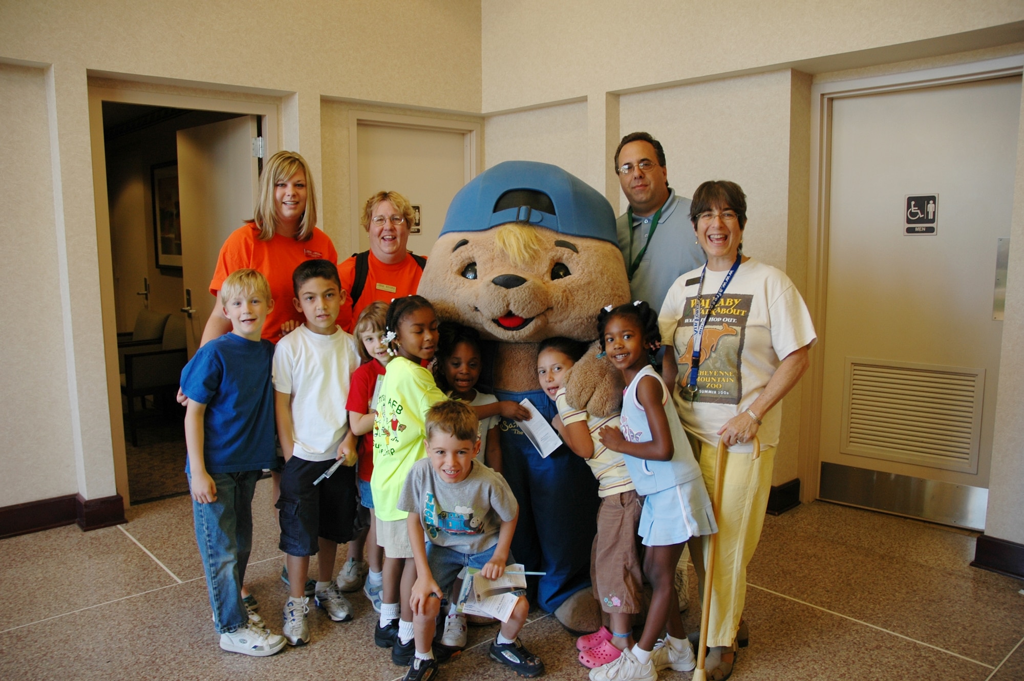 Sammy the Rabbit and his creator Sam Renick made an appearance July 18 at the base auditorium. Sammy teaches kids the importance of saving money. (U.S. Air Force photo by Tech. Sgt. Kim Young)