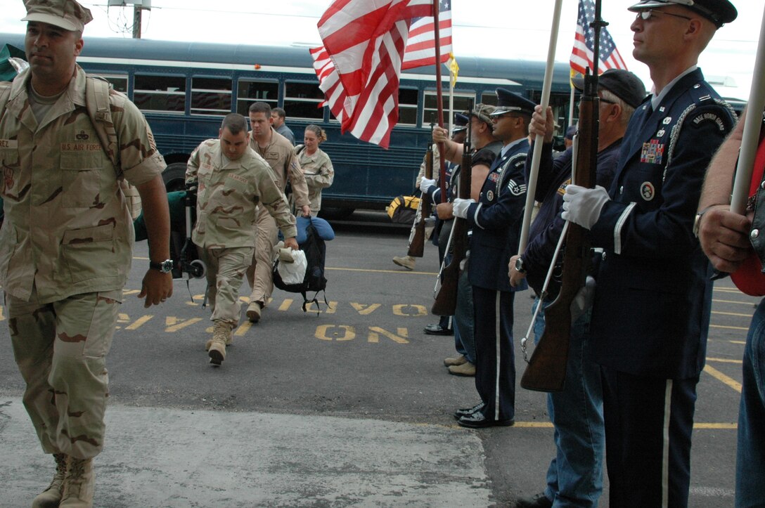Ellsworth’s heroes return home July 27 from a six-month deployment. While deployed, the directly supported combat operations for Operation Enduring Freedom. The Airmen were welcomed home in style by a joint honor guard comprised of Ellsworth’s honor guard and the local chapter of the Patriot Guard Riders. (U.S. Air Force photo by Maj. Karen Roganov)