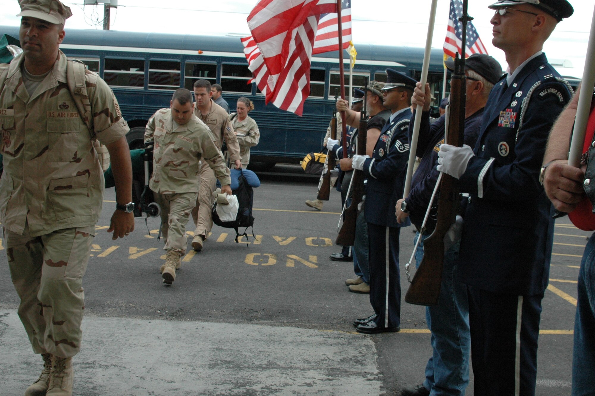 Ellsworth’s heroes return home July 27 from a six-month deployment. While deployed, the directly supported combat operations for Operation Enduring Freedom. The Airmen were welcomed home in style by a joint honor guard comprised of Ellsworth’s honor guard and the local chapter of the Patriot Guard Riders. (U.S. Air Force photo by Maj. Karen Roganov)