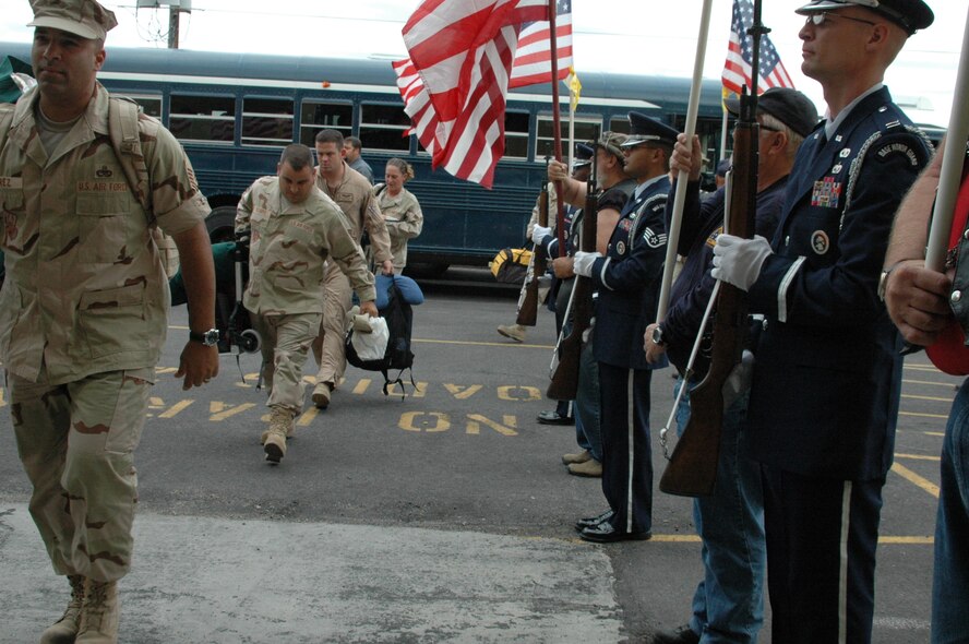 Ellsworth’s heroes return home July 27 from a six-month deployment. While deployed, the directly supported combat operations for Operation Enduring Freedom. The Airmen were welcomed home in style by a joint honor guard comprised of Ellsworth’s honor guard and the local chapter of the Patriot Guard Riders. (U.S. Air Force photo by Maj. Karen Roganov)