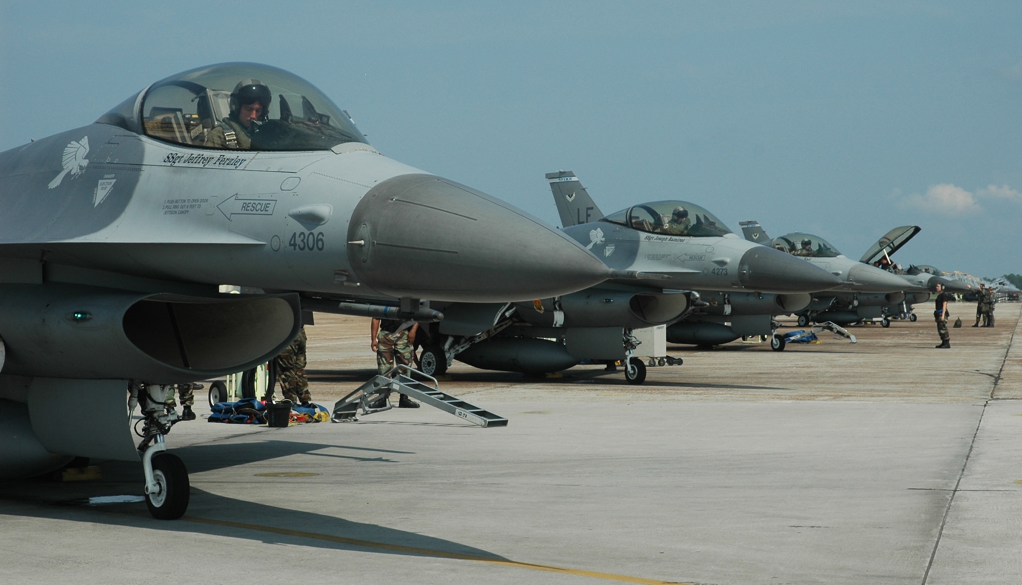 Maintainers get ready to launch F-16s participating in the F-22 training syllabus at Tyndall.  Six F-16s and approximately 77 personnel deployed from Luke AFB, Ariz., to the 43rd Fighter Squadron. (U.S. Air Force photo/Staff Sgt. Vesta Anderson)
