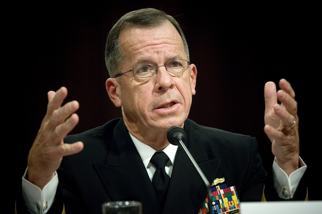 Chief of Naval Operations, Adm. Mike Mullen testifies during his confirmation hearing in front of the Senate Armed Services Committee for appointment to Chairman of the Joint Chiefs of Staff at Hart Senate Office Building, July 31, 2007. Mullen was joined by Commander, U.S. Strategic Command, Gen. James E. Cartwright in testifying for his appointment to the Vice-Chairman of the Joint Chiefs of Staff.