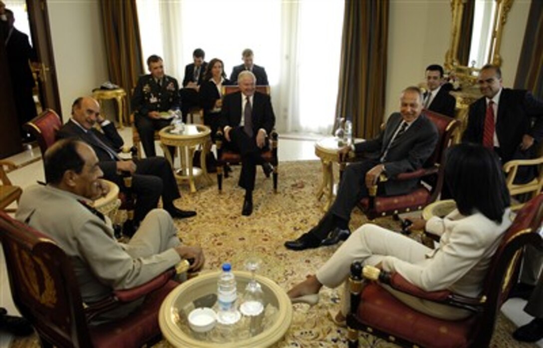 From left to right, Egyptian Minister of Defense Tantawi, Intelligence Director Soliman, Foreign Minister Aboul Gheit, U.S. Secretary of Defense Robert M. Gates, and Secretary of State Condoleezza Rice meet to discuss regional affairs and the U.S.'s long-term relationship with Egypt in Sharm El Sheikh, Egypt, July 31, 2007.
