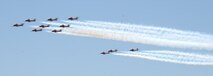Members of the Canadian Forces Snowbirds Aerial Demonstration Team returned to Great Falls May 31 to retrieve their aircraft and return them to 15 Wing Moose Jaw, Saskatchewan. Before departing June 1, the eight-ship demonstration team and three support aircraft  flew over Malmstrom and the Montana Veterans Memorial before heading for home. (U.S. Air Force photo by Valerie Mullett)