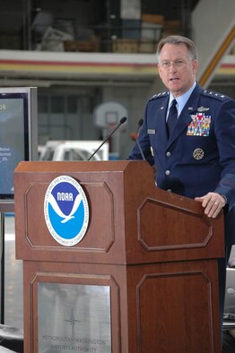 Lt. Gen. John A. Bradley, commander of the Air Force Reserve Command, speaks at a press conference in Washington D.C. in late May about the Citizen Airmen of the Air Force Reserve "Hurricane Hunters" and the new Stepped-Frequency Microwave Radiometer. Affectionately known as a "smurf", this advance in technology will continuously measure the winds on the surface.

"This year and next year, we are adding a very nice new piece of equipment to our aircraft that will help us more accurately determine the surface winds at all times," said Bradley 

Bradley said the data collected by the 53rd Weather Reconnaissance Squadron increases the accuracy of the National Hurricane Center Forecast by up to 30 percent, which is sure to rise with the use of the "smurf."
