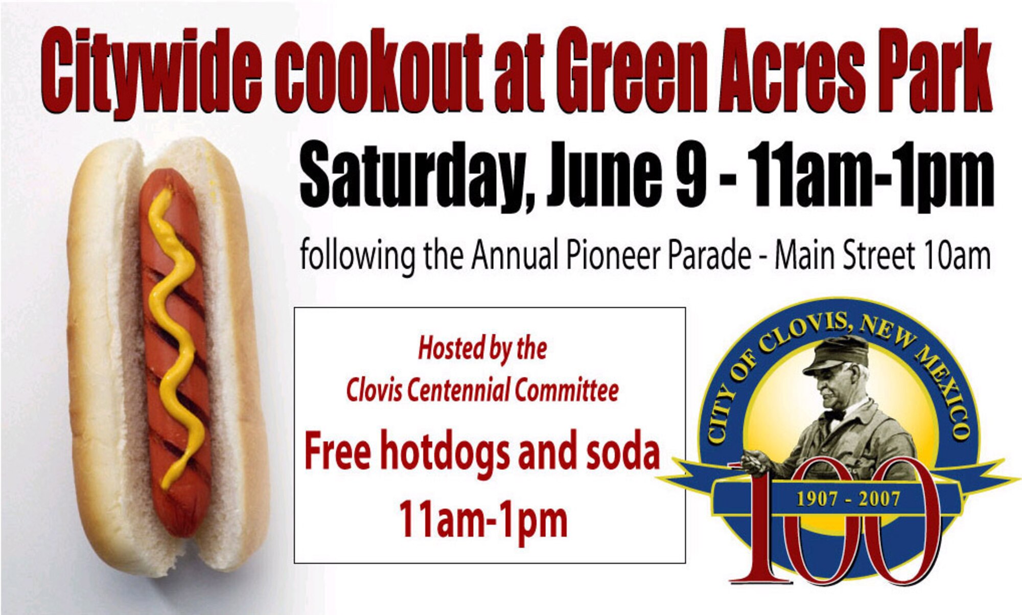 The Cannon community is invited to join the Clovis community and enjoy the Annual Pioneer Parade starting at 10 a.m. on June 9 at Main Street in downtown Clovis. Following the parade, everybody is invited to enjoy a free cookout with hot dogs ands sodas at Green Acres Park from 11 a.m. to 1 p.m. The Clovis Centennial Committee is hosting the event. (Courtesy graphic)