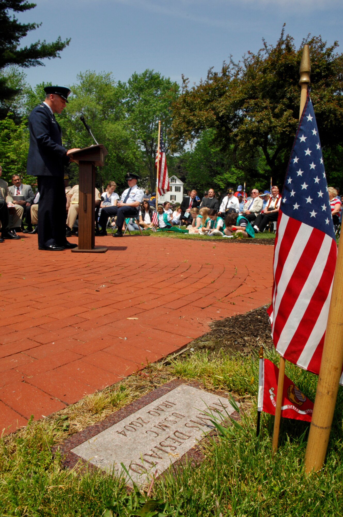 Col. Tom Schluckebier, 66th Air Base Wing commander, delivers the keynote speech during the Bedford, Mass., Memorial Day Observance in the town’s Veteran’s Memorial Park May 28. Additionally, as part of Bedford’s Memorial Day ceremonies,  there was a parade beginning at Mudge Way that included participants such as the Bedford Police Honor Guard, an ROTC marching unit, state and local officials and many others. (US Air Force photo by Mark Wyatt)
