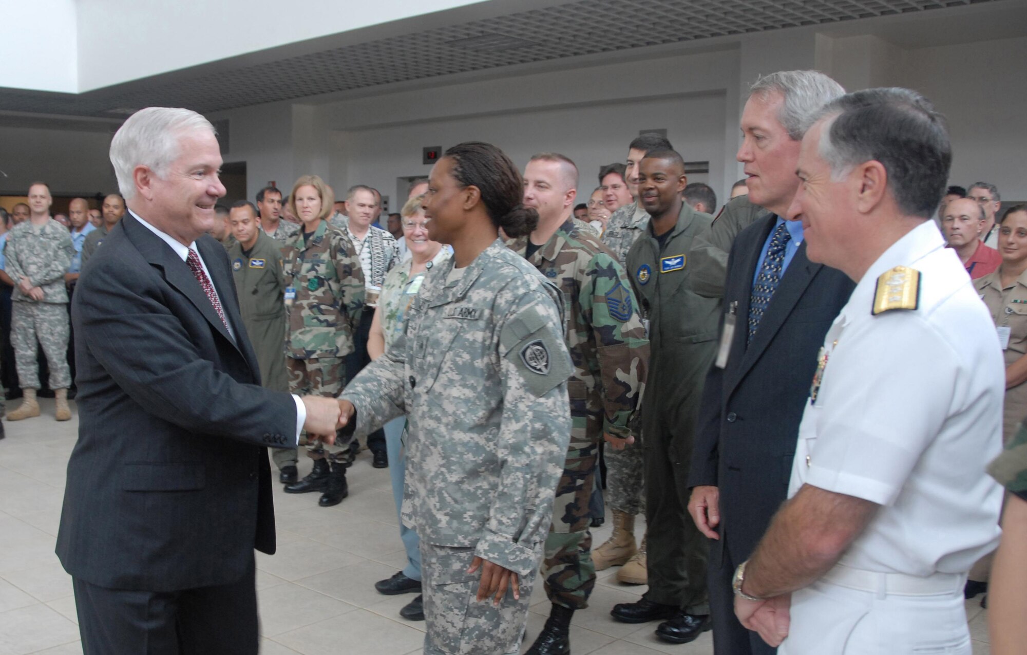 Secretary of Defense Robert M. Gates shakes hands with Army Sgt. Tosha Jones from Sumter, S.C. May 31 as he meets and thanks servicemembers and civilians at U.S. Pacific Command headquarters in Hawaii. USPACOM is responsible for all American air, ground and maritime military forces in the Asia-Pacific region. (U.S. Pacific Command photo/Petty Officer 3rd Class Elisia V. Gonzales)