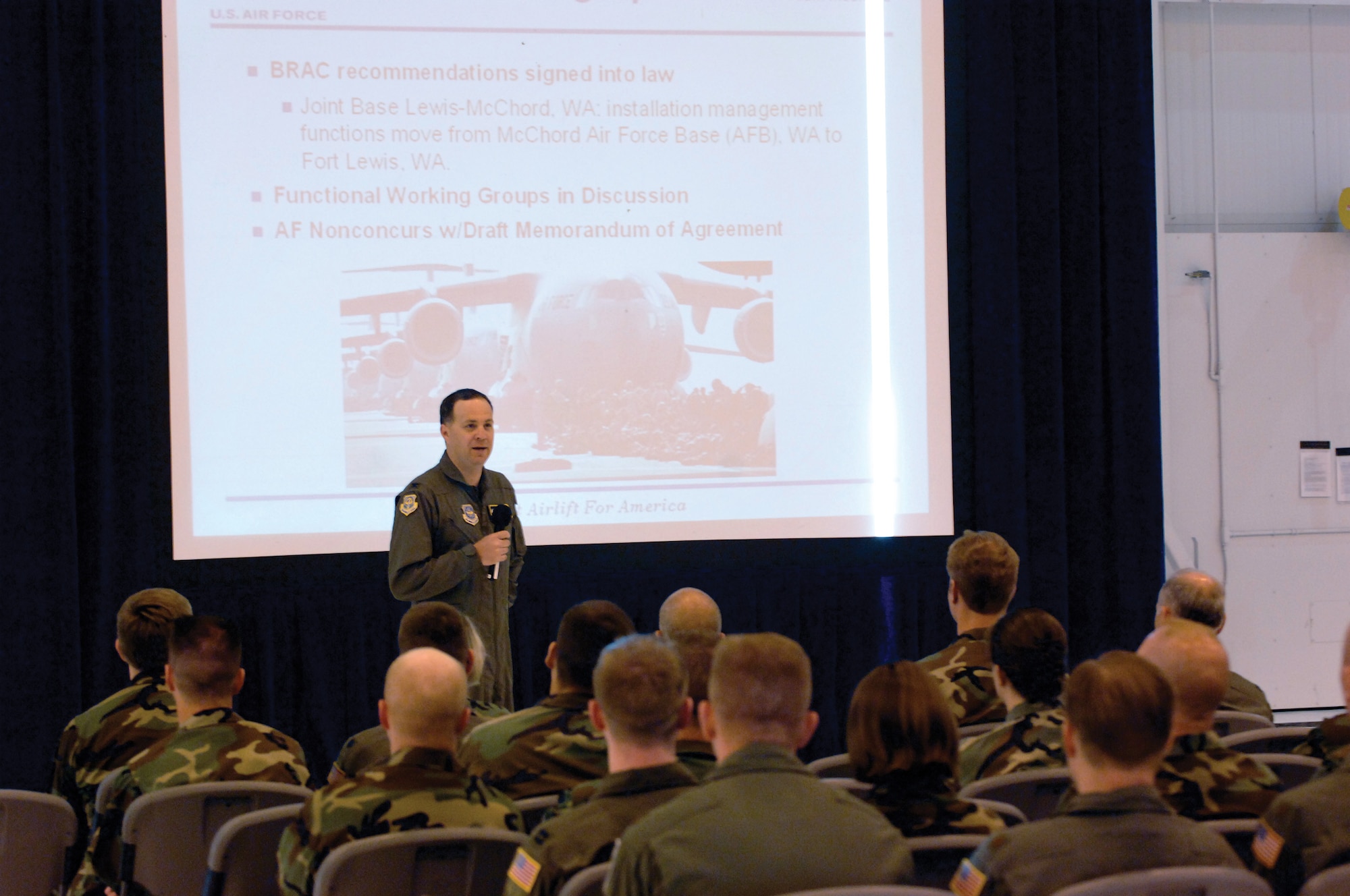 MCCHORD AIR FORCE BASE, Wash.--Col. Jerry Martinez, 62nd Airlift Wing commander, addresses a group of Airmen during a commander's call May 30 in Hangar 7. Commander's calls allow leadership to inform Airmen about base and Air Force-level changes while learning about the issues affecting Airmen during a question-and-answer session. Some of the issues discussed during this commander's call included the 101 Critical Days of Summer, force shaping, physical fitness and joint basing. (U.S. Air Force photo/Abner Guzman)