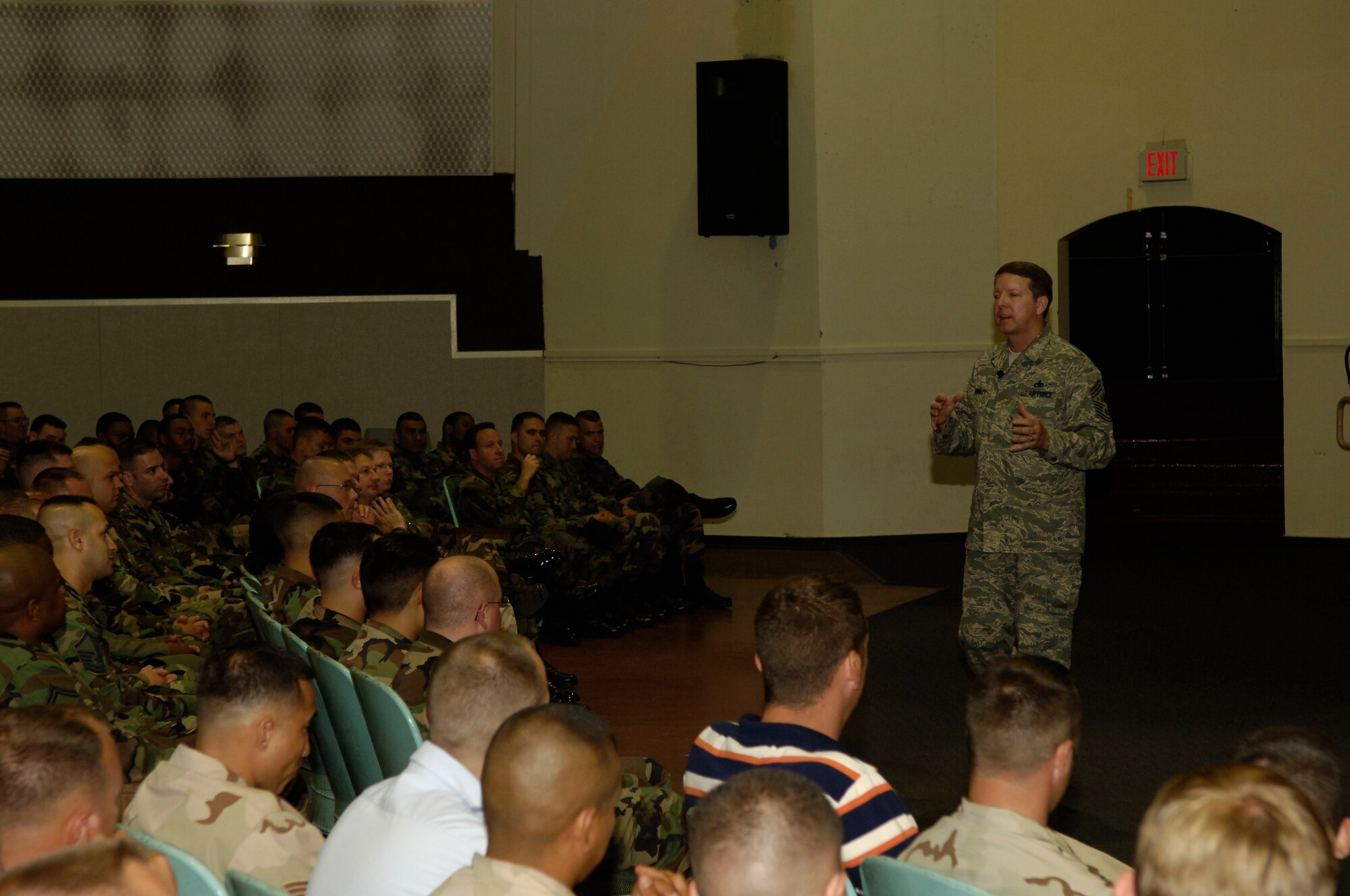 Chief Master Sgt. of the Air Force Rodney J. McKinley addresed Airmen at the Base Theater May 4. Sporting the new battle dress, he spoke of the importance of Air Force Smart Operations 21, remaining ready and modernization of equipment in winning the Global War on Terrorism. (Air Force Photo by Senior Airman David Minor)
