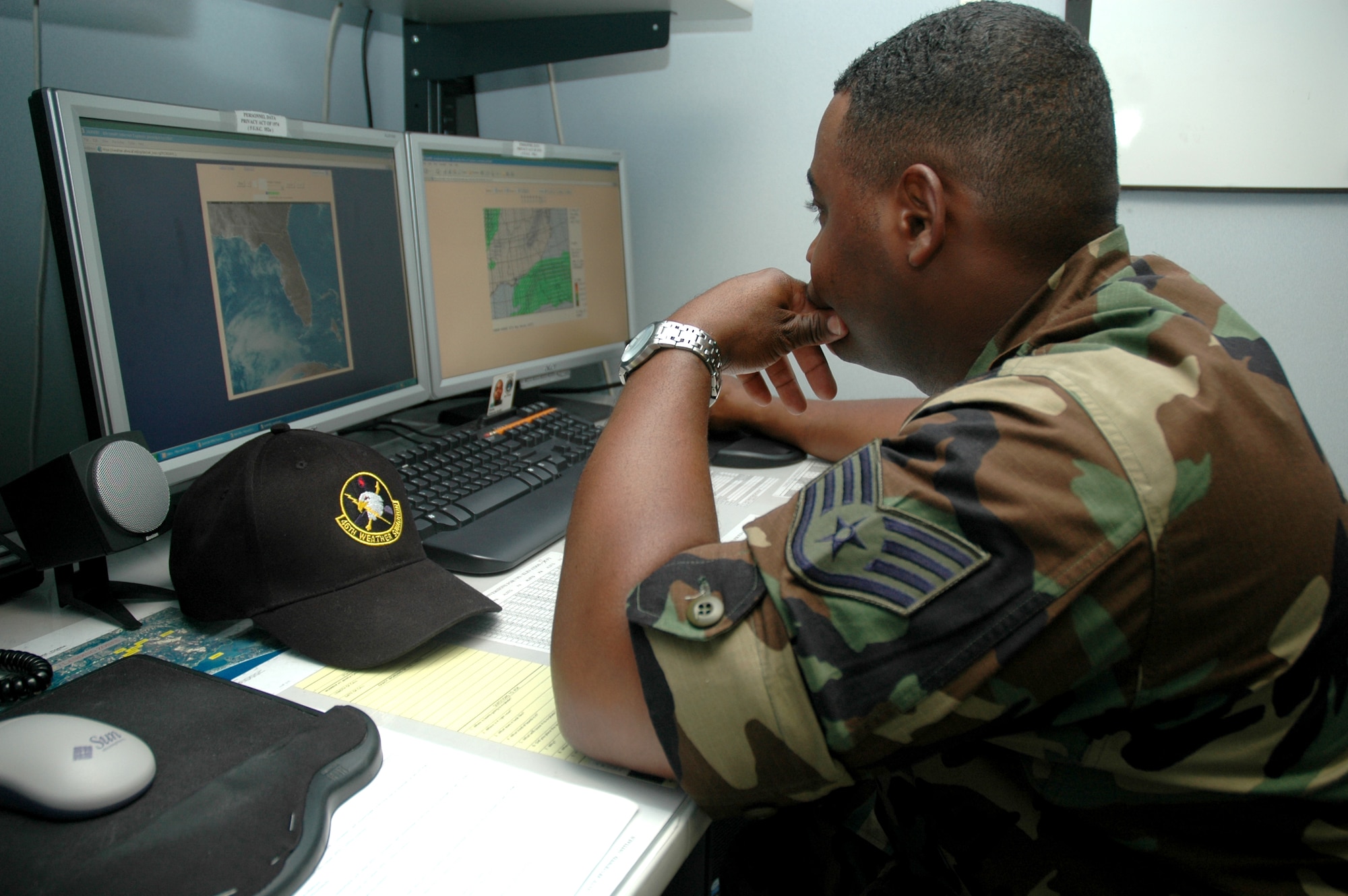 EGLIN AIR FORCE BASE, Fla. -- Staff Sgt. Shannon Byers, 46th Weather Squadron forecaster, monitors current weather conditions and forecasts surface winds on a daily basis here. The 46th WS is gearing up for an "above average" hurricane season, a prediction by the National Oceanic and Atmospheric Administration's National Hurricane Center. The NHC is predicting the Atlantic hurricane season to have a 75 percent chance of being "above average." With an average of 10 storms per year, the NHC forecasters predict 13 to 17 named storms. Hurricane season officially begins June 1 and lasts through November 30. (U.S. Air Force photo by Staff Sgt. Mike Meares)