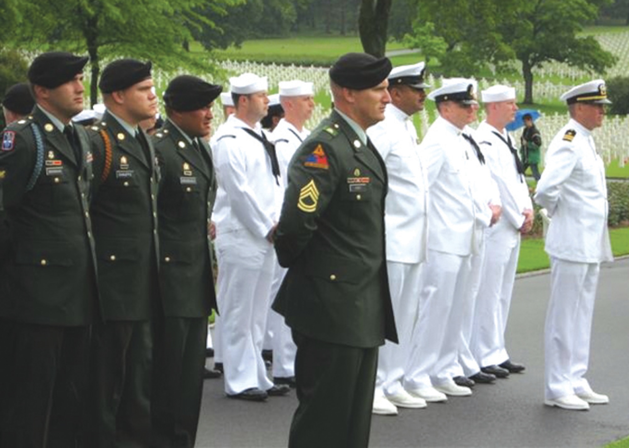 ST. AVOLD, FRANCE --  Troops stand in formation during a Memorial Day ceremony at a St. Avold ceremony. (Photo by Michelle DeMers)
