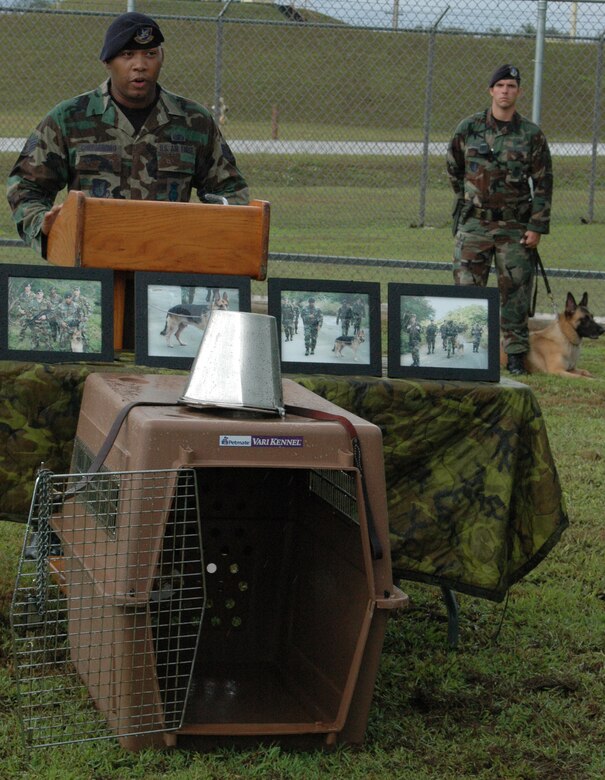ANDERSEN AIR FORCE BASE, Guam - Staff Sgt. Roberto Cheeseboro, a 36th Security Forces Squadron military working dog handler, speaks about his time as Freddy's dog handler during a memorial service Thursday at the 36th SFS kennels. The service honored Freddy's, a military working dog, service to the Air Force after he recently died of unknown causes. Throughout his time at Andersen, Freddy spent an unprecedented 723 hours conducting foot patrols in the jungles here and is credited with scouting and locating three unauthorized armed personnel. He participated in 16 wing-level exercises, performed multiple demonstrations and he and Sergeant Cheeseboro were the first dog team utilized by the 36th SFS to implement integrated-base defense. A permanent memorial will be built near the kennels to honor Freddy and future military working dogs. (U.S. Air Force/Staff Sgt. Chris Powell)