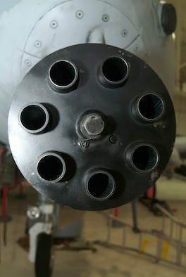 The most prominent feature of the A-10 Thunderbolt II is the 30-millimeter GAU-8/A Avenger Gatling-gun cannon. Designed before the aircraft that carries it, this weapon is capable of firing 3,900 rounds a minute and can defeat an array of ground targets to include tanks. Both the A-10 and GAU-8 entered service in 1977 and the gun represents 16 percent of the aircraft's weight. The 442nd Fighter Wing, an Air Force Reserve Command unit at Whiteman Air Force Base, Mo., has 24 A-10s assigned to its 303rd Fighter Squadron. (US Air Force photo/Master Sgt. Bill Huntington)