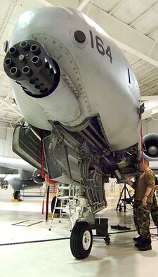 The most prominent feature of the A-10 Thunderbolt II is the 30-millimeter GAU-8/A Avenger Gatling-gun cannon. Designed before the aircraft that carries it, this weapon is capable of firing 3,900 rounds a minute and can defeat an array of ground targets to include tanks. Both the A-10 and GAU-8 entered service in 1977 and the gun represents 16 percent of the aircraft's weight. Aircraft number 164 is one of 24 A-10s assigned to the 442nd Fighter Wing, an Air Force Reserve Command unit at Whiteman Air Force Base, Mo. (US Air Force photo/Master Sgt. Bill Huntington)