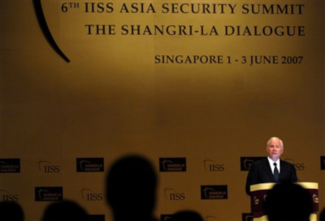 Defense Secretary Robert M. Gates addresses the audience during the 6th International Institute for Strategic Studies conference, the Shangri-La dialogue, in Singapore, June 2, 2007.