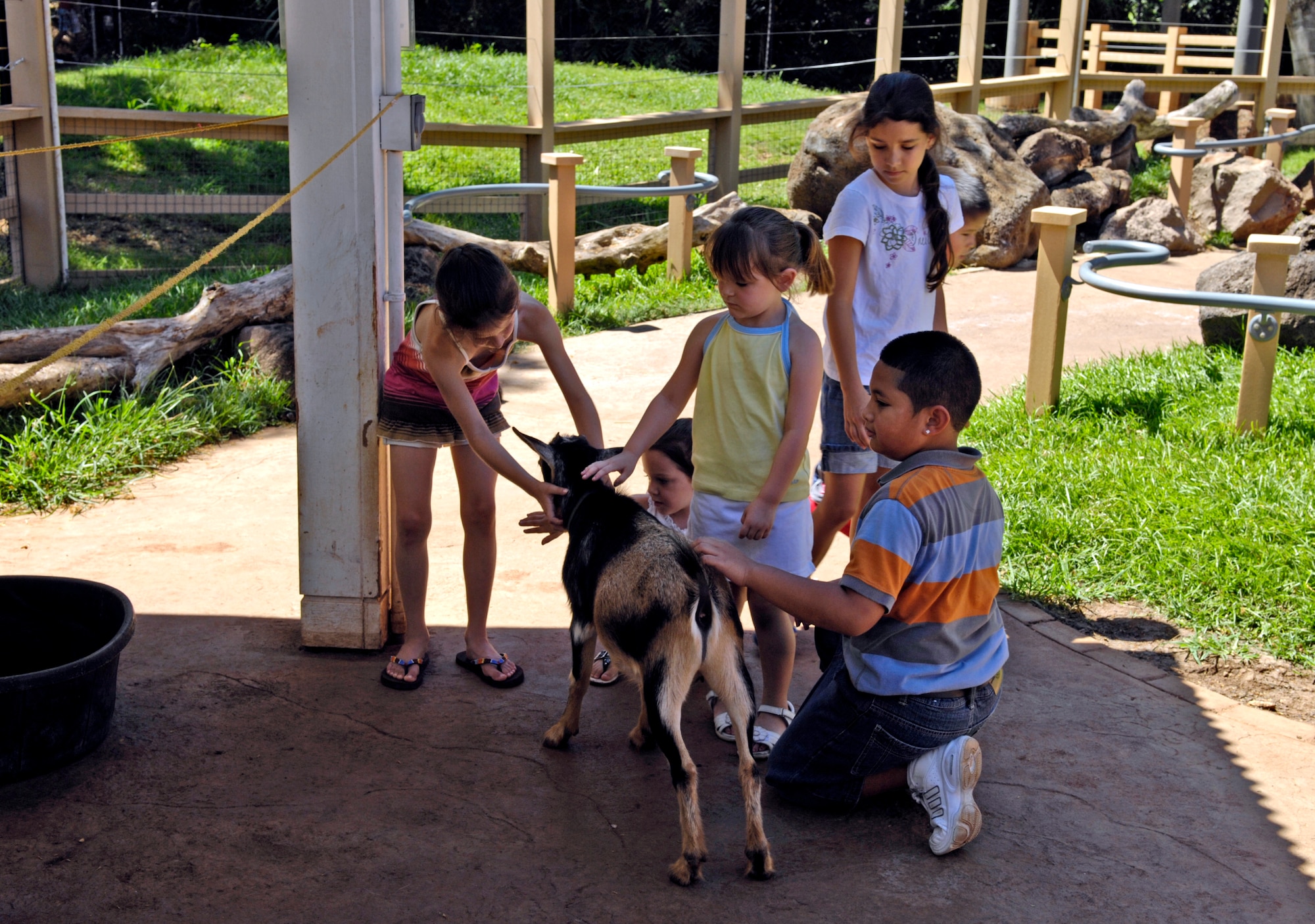 Children pet a goat in petting zoo at the Honolulu Zoo during Military Appreciation Day June 2, 2007. Admission to the zoo was free to all military members and their families. The United Service Organizations in cooperation with the City and County of Honolulu hosted the event to show its support for the military in Hawaii. (U.S. Air Force photo/ Tech. Sgt. Shane A. Cuomo)