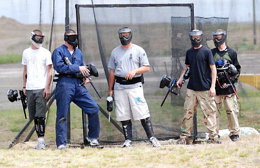 FAIRCHILD AIR FORCE BASE, Wash. -- Players wait at the kill box on the speedball course at the sports range here before a match begins. The players must wait at the box until given the signal that the game has started, at which point they begin firing paintballs at their opponents while scrambling for cover. (U.S. Air Force photo/Tech. Sgt. Larry Carpenter) 