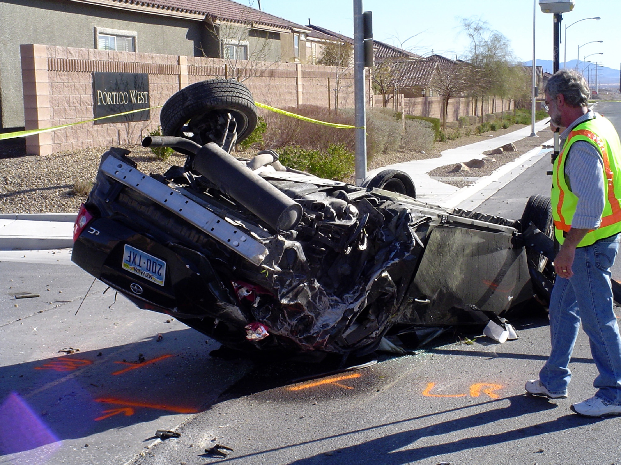pictured is an Airman's totalled car after hitting a brick wall.  the Airman was fleeing from the scene of a minor accident when he lost control of his vehicle and crashed it into the wall.  The Airman was ejected from the vehicle because he was not wearin his seatbelt. (courtesy photo)
