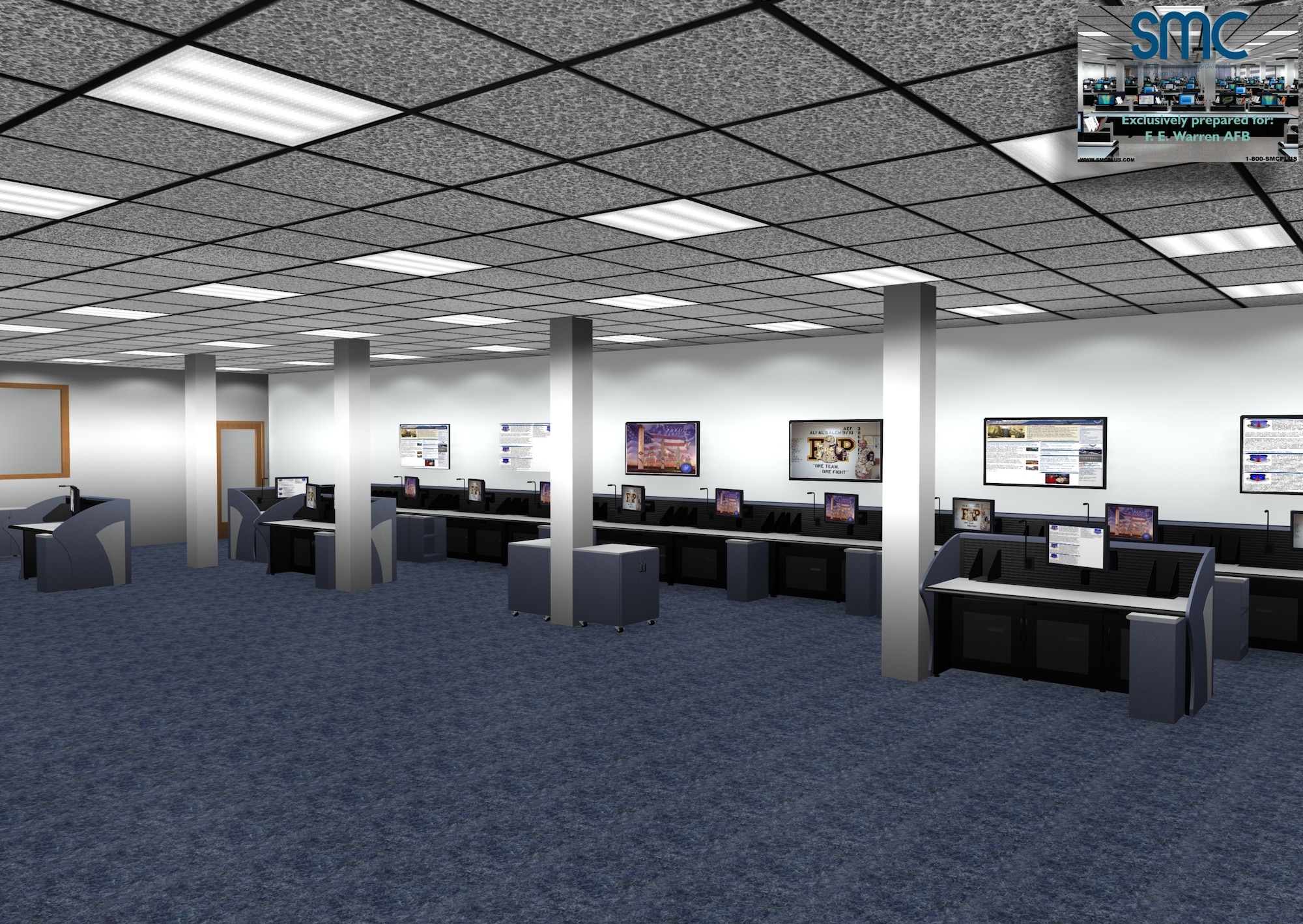The new installation control center would look something like this computer graphic once it is completed in the basement of Bldg. 232. The wing security controllers, missile maintenance operations center and transportation control center are merging together into the ICC later this year (Courtesy photo).