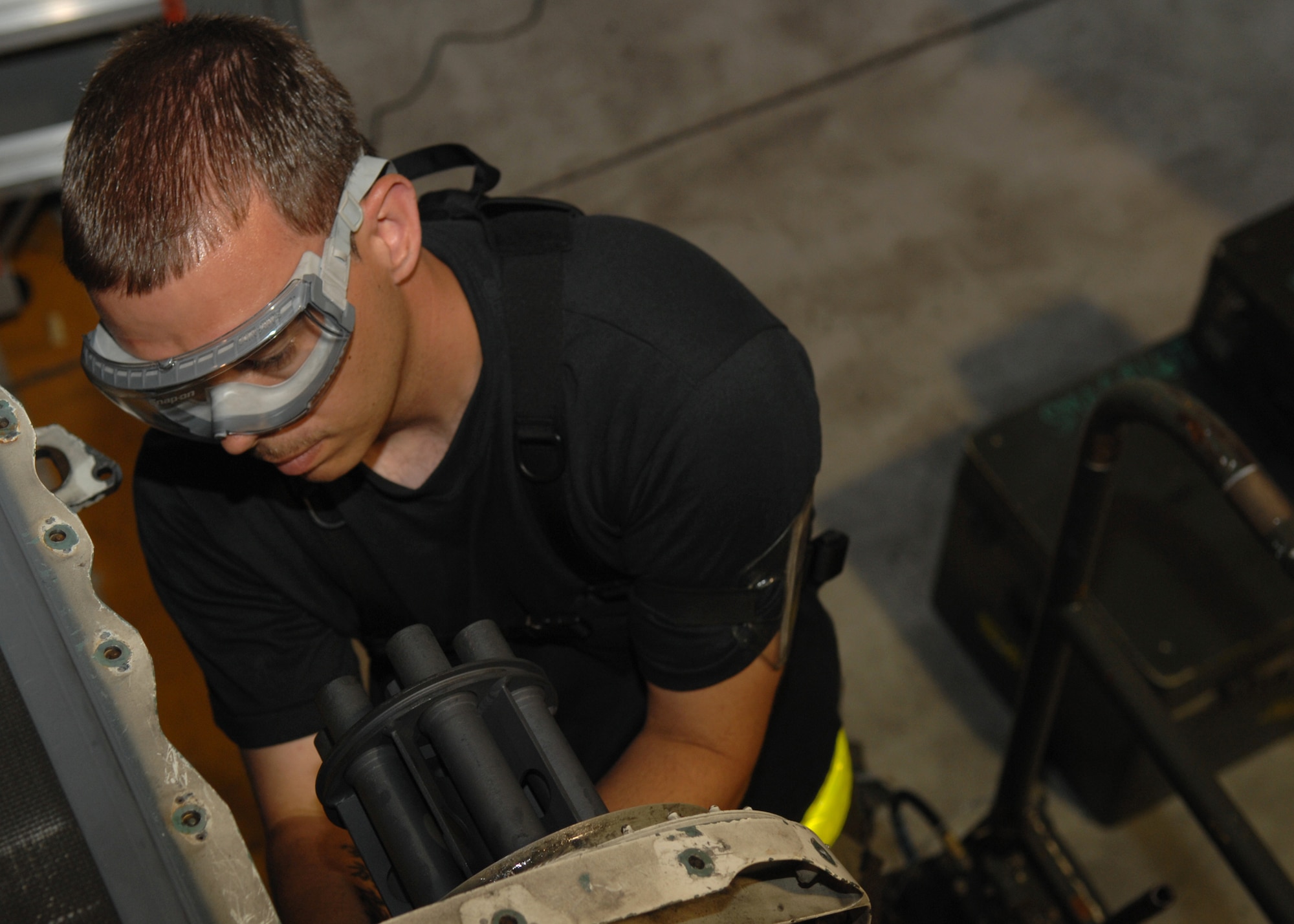 SEYMOUR JOHNSON AIR FORCE BASE, N.C. - Staff Sergeant Jared Heilman an engine technician for the 336th Aircraft Maintenance Unit bolts on an eccentric ring for the 20mm cannon, May 30. The 4th Fighter Wings mission requires that the Strike Eagles are ready to deliver air power on target, on time whenever America calls. Therefore Airmen of the 4th Maintenance Group maintain these jets 24 hours per day. (U.S. Air Force photo by Senior Airman Jessica Klingler)