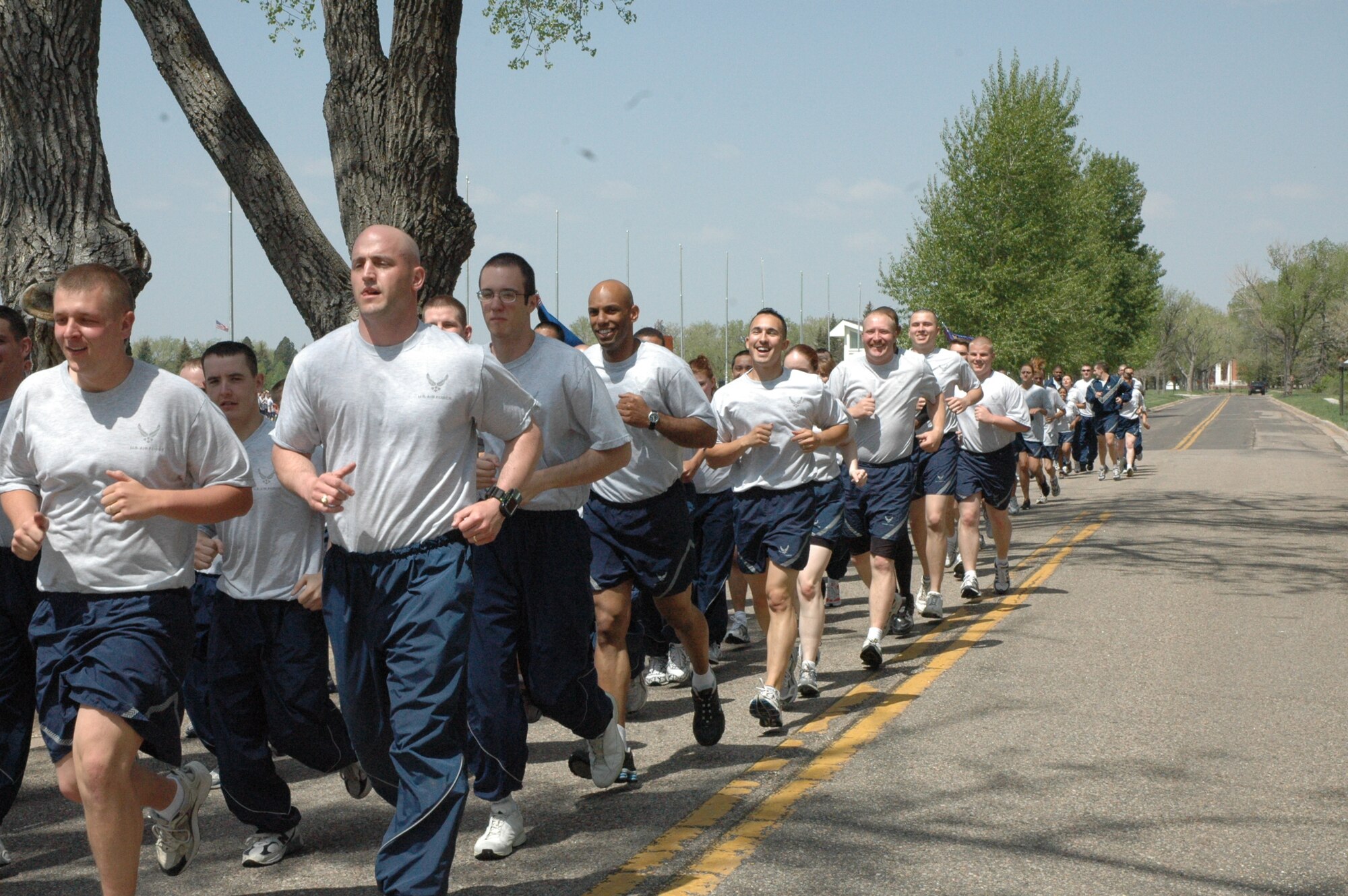 Members of the 90th Logistics Readiness Squadron participate in the 90th Space Wing’s monthly wing run around Argonne Parade Field May 16 (Photo by Airman Alex Martinez).