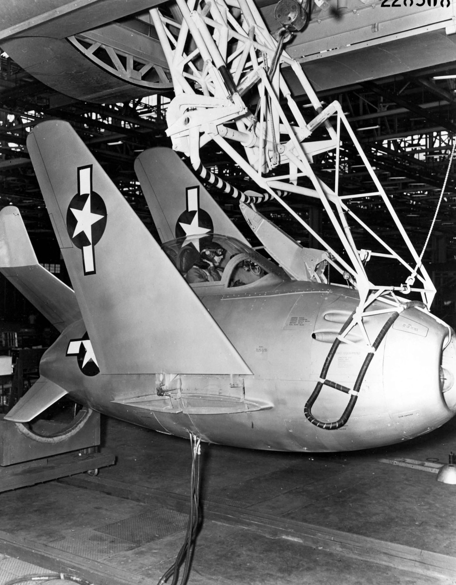 To fit inside the parent aircraft’s bomb bay, the XF-85’s wings folded up. (U.S. Air Force photo)