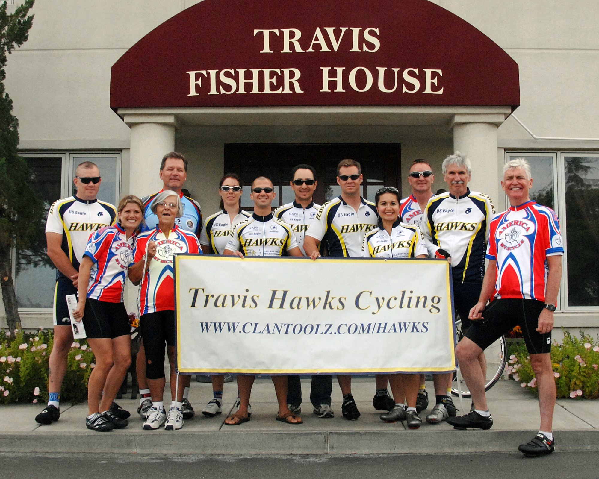 Mr. Robert K. Rodweller, pictured here (front, far right) in front of the Travis Air Force Base Fisher House, on the second day of his "2007 Bicycle America for Wounded Veterans" cross country bicycle ride. Pictured with Mr. Rodweller are several of his riding partners and members of the Travis Hawks Cycling Club. Mr. Rodweller departed from San Francisco on June 3 to begin a 4,000 mile bicycle ride across our great country. Fifty-two days later on July 25, he will end his ride at Portsmouth, New Hampshire. He is dedicating his ride to the men, women and families of the Armed Services of this country by raising funds for the Fisher House Foundation. (USAF Photo by David W. Cushman/DAFC)
